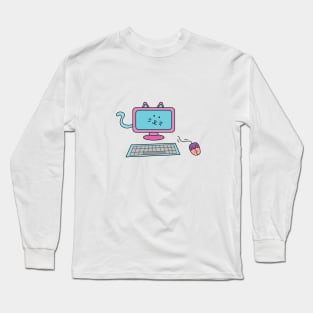 cute computer cat with keyboard and mouse Long Sleeve T-Shirt